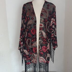 Earthbound Womens Kimono Size L/XL Boho Sheer Velvet Burnout Black Witchy Fringe